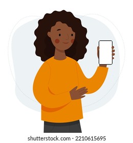 A cute african girl holds a phone in her hands. The woman shows an empty phone and smiling. Vector flat illustration