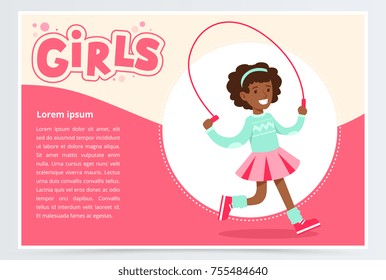 Cute african girl jumping with skipping rope, girls banner flat vector element for website or mobile app