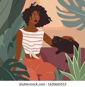 Cute african girl resting with a cat on couch. Feminine Daily life and everyday routine scene by young woman in home interior with homeplants. Cartoon vector illustration