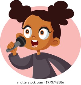 Cute African Girl Singing Vector Illustration. Little singer rehearsing a song for a concert 
