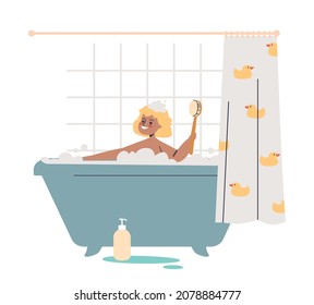 Cute african girl toddler taking bath. Little child washing in bathtub in bathroom with soap and foam. Bathtime and kids hygiene concept. Cartoon flat vector illustration