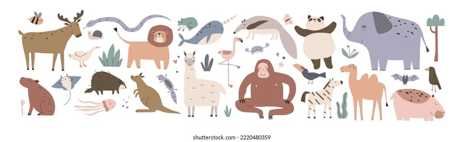 Cute African jungle animals set in Scandinavian style. Nordic childish elephant, monkey, funny panda, happy lion, Scandi flamingo. Kids flat graphic vector illustrations isolated on white background