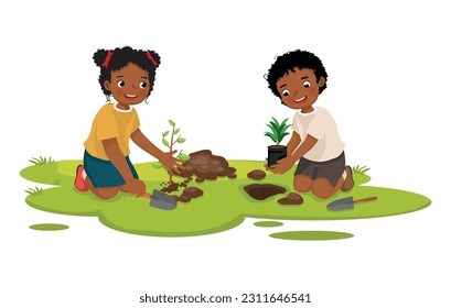 Cute African kids gardening planting tree working together in the garden