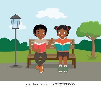 Cute African kids reading books discussing sitting on bench at the park 