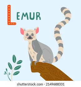 Cute African lemur vector illustration, isolated on blue background. Animal cartoon style for kids design