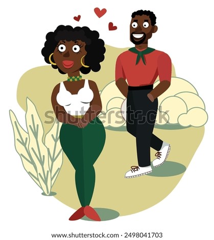 Cute african loving couple in the summer park. Funny guy in the background looks at a girl in front of him with love. A man admires a woman and wants to meet her. Romantic relationships