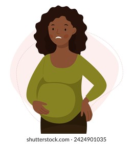A cute african pregnant woman has a back pain. The pregnant girl is feeling bad. Pregnancy problems. Vector flat illustration.