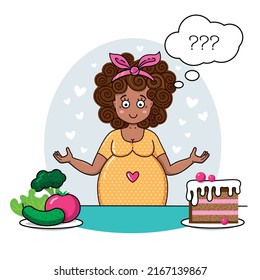 Cute African Pregnant Woman thinks about healthy food. Pregnant lady decides what to eat. Waiting for baby vector illustration. Happy beautiful mother to be. Pregnancy card.