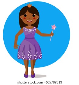 Cute african princess in sparkly dress. Smiling kid in party dress with magic wand and crown. Flat style vector illustration of full body detailed character
