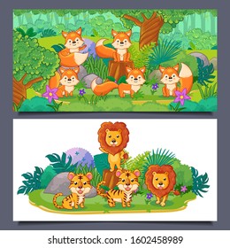 Cute African safari animal cartoon characters scene