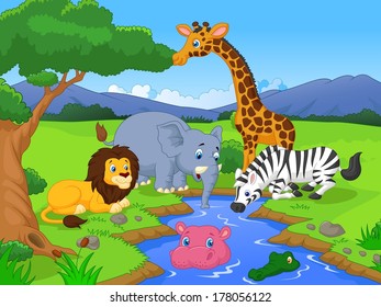 Cute African safari animal cartoon characters scene