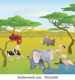 Cute African safari animal cartoon characters scene. Series of three illustrations that can be used separately or side by side to form panoramic landscape.