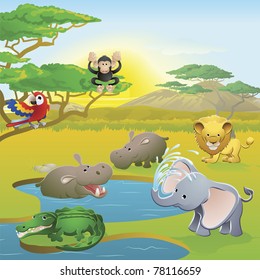 Cute African safari animal cartoon characters scene. Series of three illustrations that can be used separately or side by side to form panoramic landscape.