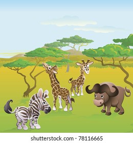 Cute African safari animal cartoon characters scene. Series of three illustrations that can be used separately or side by side to form panoramic landscape.