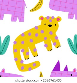 Cute African Safari animals flat style. Childish rhinoceros, giraffe, leopard, crocodile. Kids vector seamless pattern