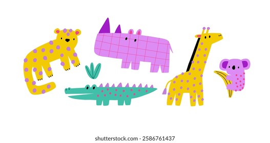 Cute African Safari animals flat style. Childish rhinoceros, giraffe, leopard, crocodile. Kids vector illustrations isolated on white background