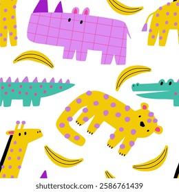 Cute African Safari animals flat style. Childish rhinoceros, giraffe, leopard, crocodile. Kids vector seamless pattern