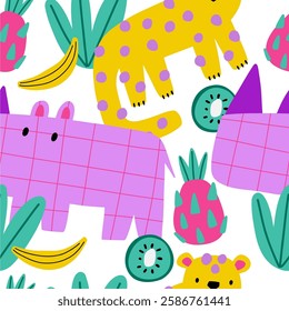 Cute African Safari animals flat style. Childish rhinoceros, giraffe, leopard, crocodile. Kids vector seamless pattern