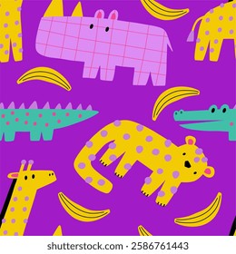 Cute African Safari animals flat style. Childish rhinoceros, giraffe, leopard, crocodile. Kids vector seamless pattern