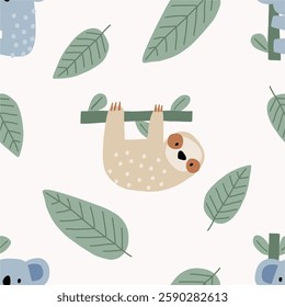 Cute African Safari animals flat style. Childish sloth. Kids vector seamless pattern