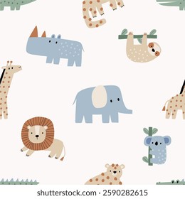 Cute African Safari animals flat style. Childish rhinoceros, giraffe, leopard, crocodile, koala. Kids vector seamless pattern