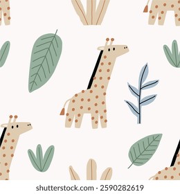 Cute African Safari animals flat style. Childish giraffe.. Kids vector seamless pattern