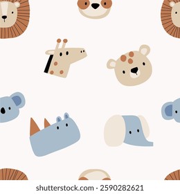 Cute African Safari animals flat style. Childish rhinoceros, giraffe, leopard, crocodile, koala. Kids vector seamless pattern