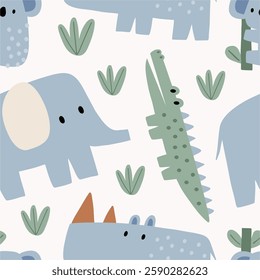 Cute African Safari animals flat style. Childish rhinoceros, giraffe, leopard, crocodile, koala. Kids vector seamless pattern