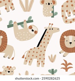 Cute African Safari animals flat style. Childish rhinoceros, giraffe, leopard, crocodile, koala. Kids vector seamless pattern