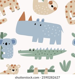 Cute African Safari animals flat style. Childish rhinoceros, giraffe, leopard, crocodile, koala. Kids vector seamless pattern