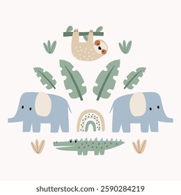 Cute African Safari animals flat style. Folk ornament. Childish crocodile, sloth, elephant. Kids vector print