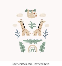 Cute African Safari animals flat style. Folk ornament. Childish crocodile, sloth, giraffe. Kids vector print