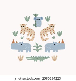 Cute African Safari animals flat style. Folk ornament. Childish crocodile, koala, leopard, rhinoceros. Kids vector print