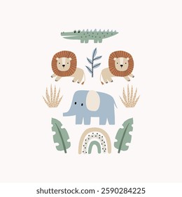 Cute African Safari animals flat style. Folk ornament. Childish crocodile, lion, elephant. Kids vector print