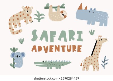 Cute African Safari animals flat style. Childish rhinoceros, giraffe, leopard, crocodile, koala. Kids vector illustrations 