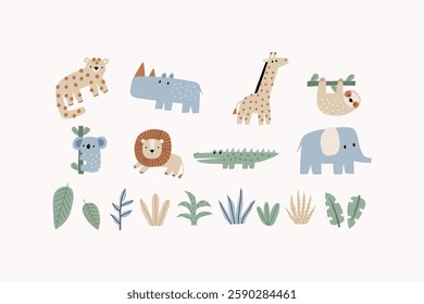 Cute African Safari animals flat style. Childish rhinoceros, giraffe, leopard, crocodile, koala. Kids vector illustrations 