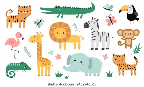 Cute African Safari zoo animal set. Cartoon giraffe, iguana, zebra, alligator crocodile, elephant, cheetah, flamingo bird, lion monkey tiger, toucan, butterfly. Flat design White background Vector