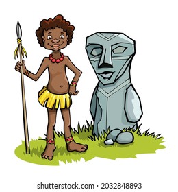 A cute African savage with a spear stands next to a stone idol