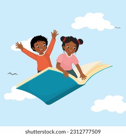 Cute African school kids flying on a big open book in the blue sky