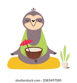 Cute African Sloth Animal with Coconut Cocktail and Straw Enjoying Hot Summer Activity Vector Illustration