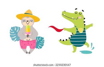 Cute African Sloth and Crocodile Eating Popsicle and Splashing in Water Enjoying Hot Summer Vector Set