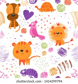 Cute African smiling animals and birds. Vector seamless pattern. Bright summer background. Hand drawn illustration. Pencil texture. Funny characters for kids. Isolated on white for fabric, wallpaper.