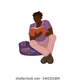 Cute african student boy reading university book