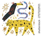 Cute African tropical elements animals set isolated on background for kids content. Hand drawn silhouettes colorful collage. Flat cartoon character leopard animal, toucan and snake. Inhabitant jungle