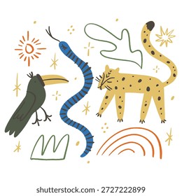Animales tropicales africanos lindos de los Elementos fijados aislados en el fondo para el contenido de los niños. Siluetas dibujadas a mano collage colorido. Personaje de dibujos animados de leopardo animal, tucán y serpiente. Selva habitante