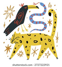 Animales tropicales africanos lindos de los Elementos fijados aislados en el fondo para el contenido de los niños. Siluetas dibujadas a mano collage colorido. Personaje de dibujos animados de leopardo animal, tucán y serpiente. Selva habitante