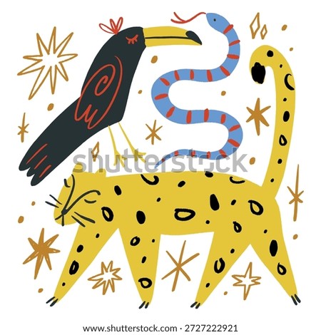 Cute African tropical elements animals set isolated on background for kids content. Hand drawn silhouettes colorful collage. Flat cartoon character leopard animal, toucan and snake. Inhabitant jungle