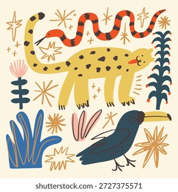 Lindos Elementos tropicales africanos del viaje animales fijados aislados en el fondo para el contenido de los niños. Siluetas dibujadas a mano collage colorido. Personaje de dibujos animados de leopardo animal, tucán y serpiente. Habitante