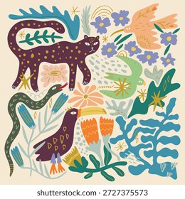 Lindos Elementos tropicales africanos del viaje animales fijados aislados en el fondo para el contenido de los niños. Siluetas dibujadas a mano collage colorido. Personaje de dibujos animados de leopardo animal, tucán y serpiente. Habitante