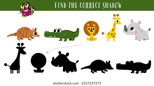 Cute African wild animal shadow match worksheet puzzle. Find correct silhouette shadow printable kid childish game page. 